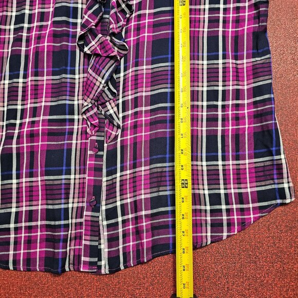 Chicos Poet Ruffle Purple Plaid Button Up Blouse XL Long Sleeve Flowy Rayon - Picture 7 of 8